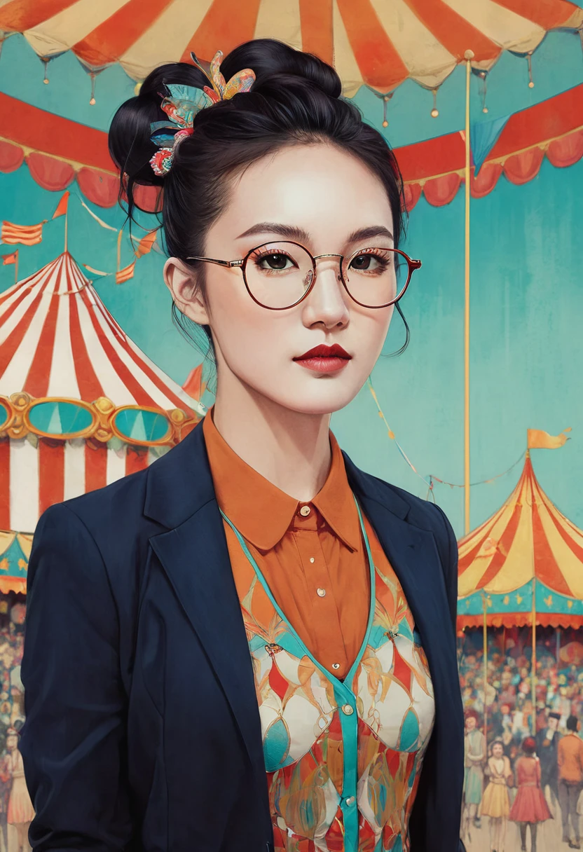 A beautiful portrait of Julia Chang,Whimsical background、Colorful circus scene, Features intricate details and a vintage aesthetic, Glasses, Created in the art style of Conrad Roset and Jeremy Lipkin