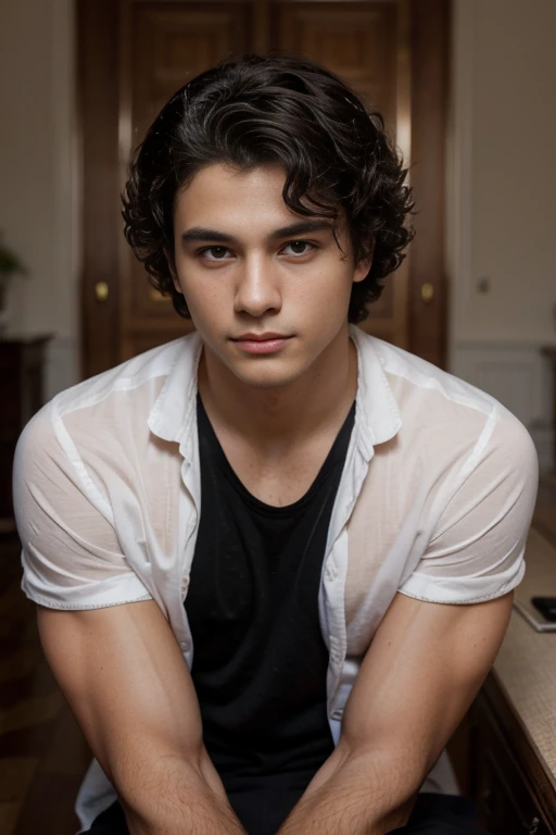 la plus haute qualité, Ultra haute résolution, (realistic), Photo originale,  a young man aged 18, a little muscular, beautiful, peau noir ou renoi, black curly hair, regardant la camera, naturally beautiful, so beautiful,brown eyes, dressed like a rich , High resolution, accurate, Best Quality,