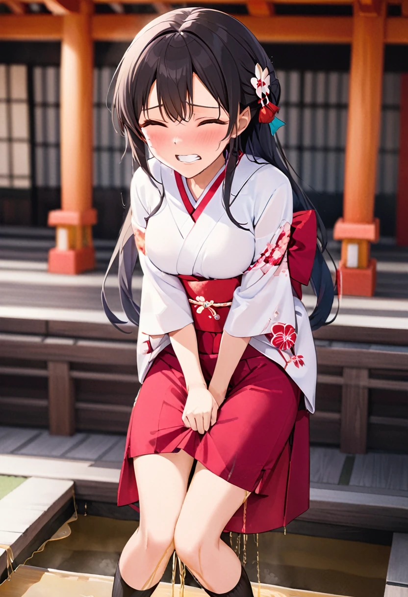 NSFW, (masterpiece, top quality, best quality, highly detailed:1.6), extremely detailed CG unity 8k wallpaper, (full body), wide shot, long shot, (close knees, hands between legs:3), (leaning forward, pee running down legs:2.5), (standing:3), (((clutching crotch))), (Japanese Shrine Maiden Costume, White yukata, Red Hakama:2), (woman standing on the shrine, outdoor), strong facial expression, (sharp eye:1.2), (scowl:1.1), (embarrassed,blush:1.3), (steam:2), (Wet:1.1), (sweat:1.1), (trembling:1.3), (open mouth, wavy mouth:1.4), (clenched teeth:1.7), (closed eyes:1.5), (feeling weak:1.5), (bravery crying, sobbing:1.5), (shoot from front, looking at viewer:1.2), sandals, (very long hair, Jet black hair:1.7), (woman trembling with sexual climax:1.5), colorful, perfect composition, (Crossing legs, Touching the crotch:1.7), urination, incontinence, piss, peeing self, A lot of pee, pee running down legs, (((pee stream))), (pee puddle), Wetting herself, peeing, blush, trembling, embarrassed, large breasts, Yellow pee, ((leaking pee)), Shaking one's shoulders, Breaking a sweat on forehead, puddle of pee, Pee at your feet, Pee spread on the floor, (Pee stains), Feet Wet from pee, Pee-covered feet, Pee at your feet, want to pee, about to pee, Full bladder, おしっこで濡れたRed Hakama, Pee-soaked ankle socks, Pee-soaked sandals, natural makeup,