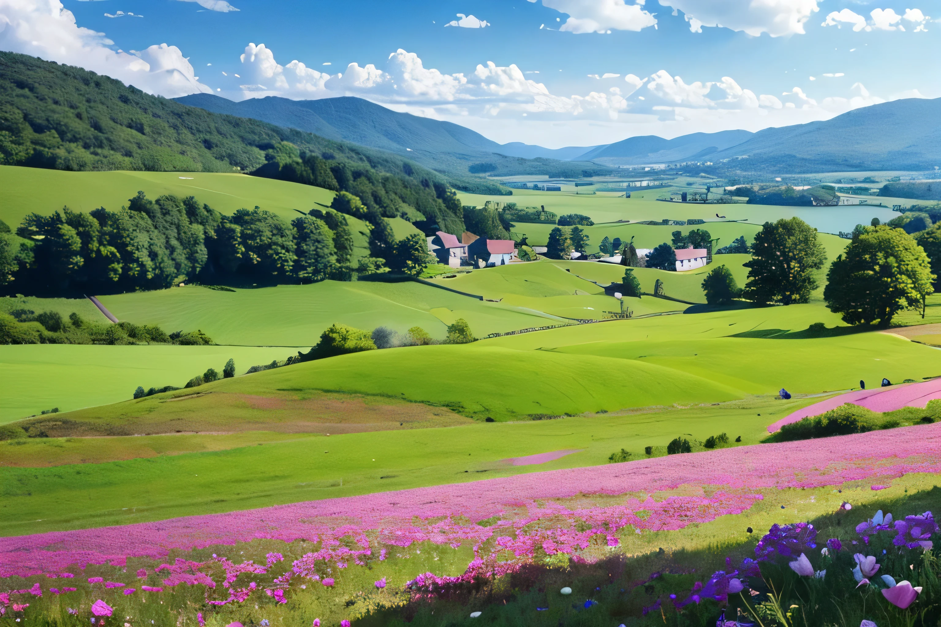 detailed photo realistic, masterpiece, high quality, 8k,beautiful countryside landscape with a small town in the background, lush green meadows and flowers, clear blue sky, anatomically correct, cinematic, vibrant colors, dramatic lighting