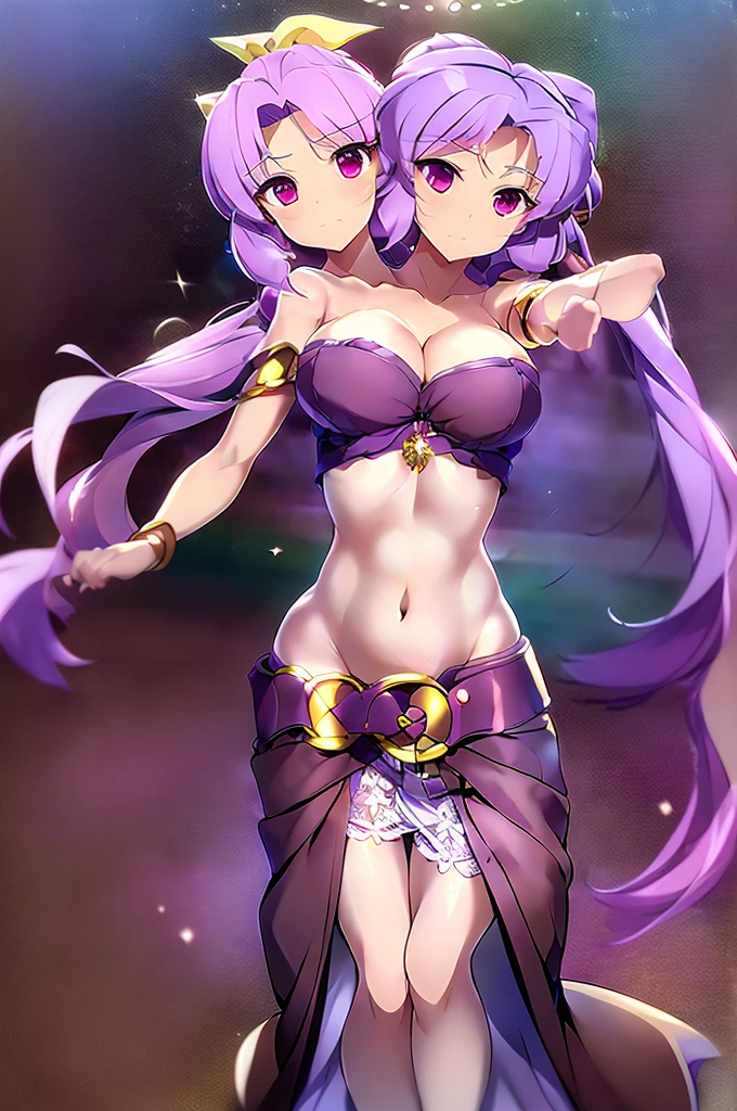 (masterpiece, best quality), best quality, (ultra-detailed), (3heads:1.5), 1girl, (watatsuki no yorihime:1.3), masterpiece, best quality, ultra quality, ultra resolution, ultra detail, dark red top, small crop top, ((stomach)), midriff, ((groin)), open midriff, dark red skirt, miniskirt, normal ears, shackles, light purple hair, tied into a ponytail, very long hair, wavy hair, sidelocks, purple eyes, parted lips, sweat, cute, open belly, toned belly, hand on own chest, eyelashes, (24 year old woman:1.3), (masterpiece:1.5), (best quality:1.5), (beautiful detailed), extremely detailed CG, extremely delicate and beautiful, depth of field, (finely detailed face), (perfect details:1.2), (mature female:1.3), wide pelvis, slender, large veiny breast, 16k resolution, highres, very high quality, very high definition, extremely detailed, masterpiece, light purple hair, long hair, alluring presence, braid, short skirt, close up, big tits, young, white bonnet, red bow, open belly, midriff, nsfw,