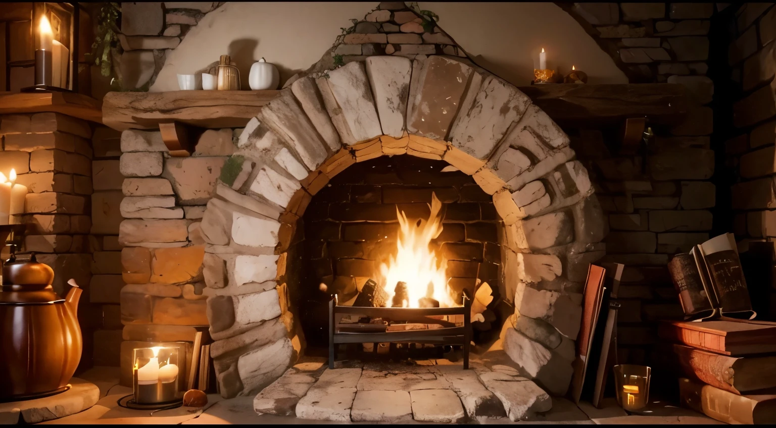 a magical hobbit fireplace, round hole, brick work, full of hobbit objects, magic ambient, cozy, incredible, 3d ambient, cup of tea, books, candles, hobbit middle-earth, the shire