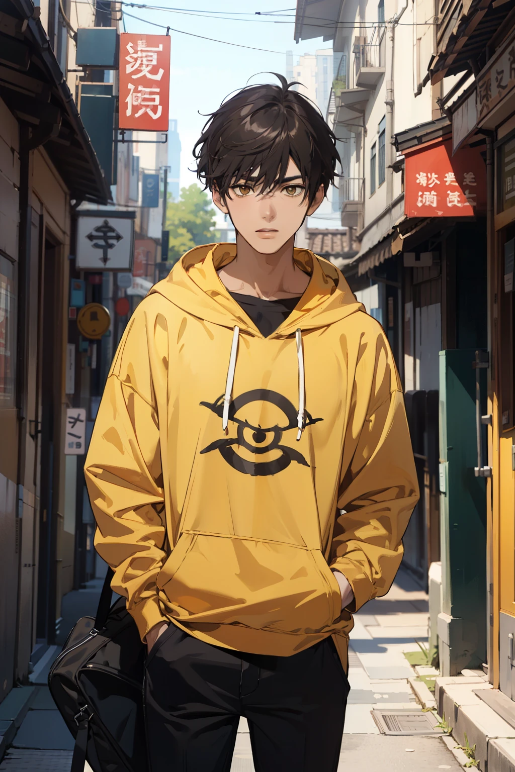 ((best quality)), ((master part)), (circunstanciado), face perfect, 1st grade, standing alone, Handsome, yellow hoodie, cabelos negros cacheados, Looking at Viewer, portraite, talking to the viewer, Fujimoto style
