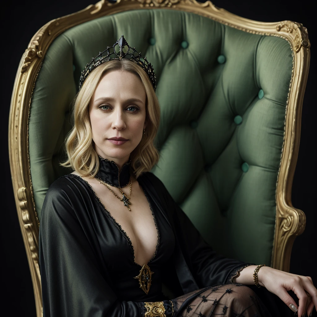 Portrait of Vera Farmiga with a golden crown, blonde platinum hair, pale skin, green eyes, gothic victorian dress, black makeup, black cape, golden jewels, gothic visual, sitting on a chair, obscure background,