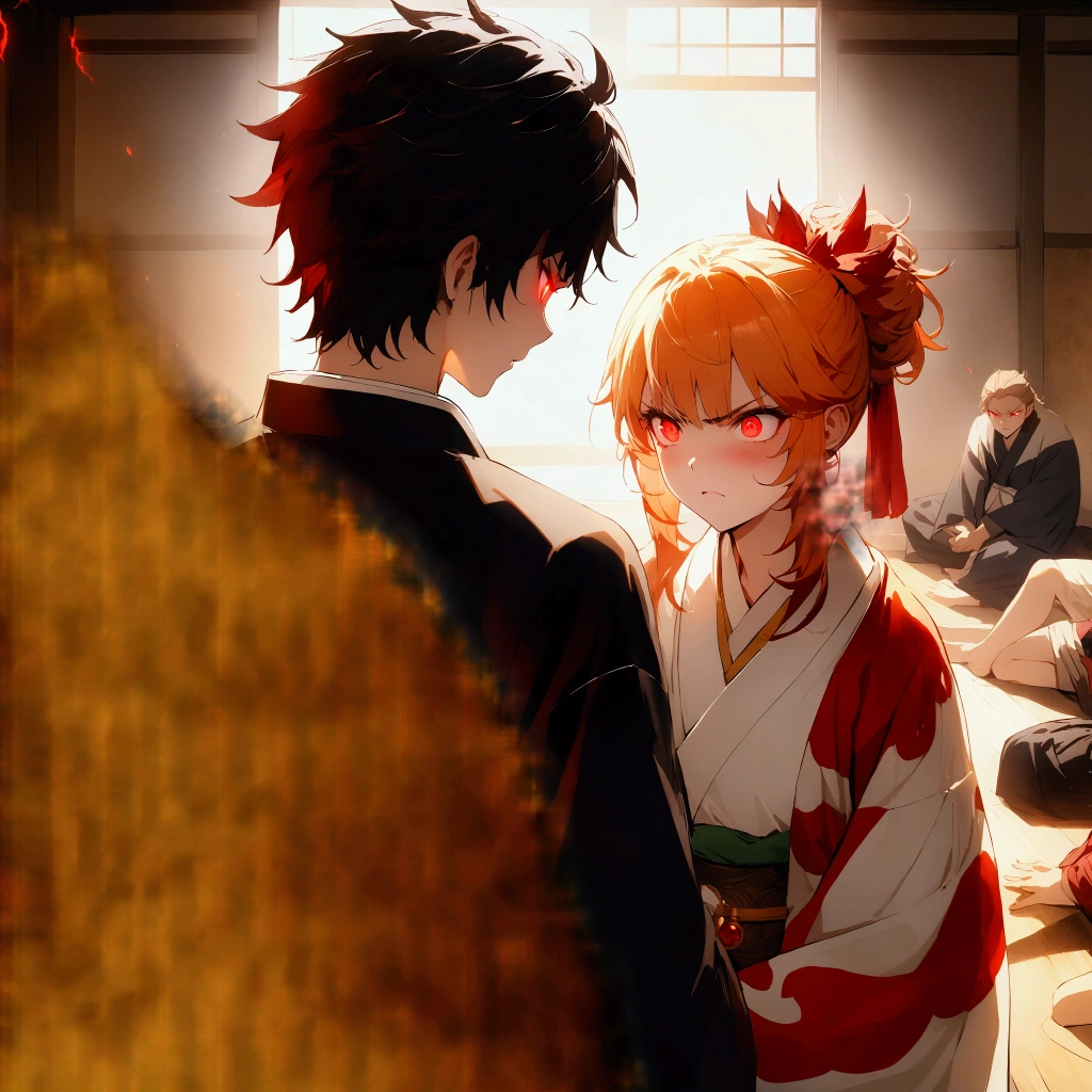 anime, Kimetsu no Yaiba orange flames, black Kimono, masterpiece, ultra detailed flames, majestic flames
