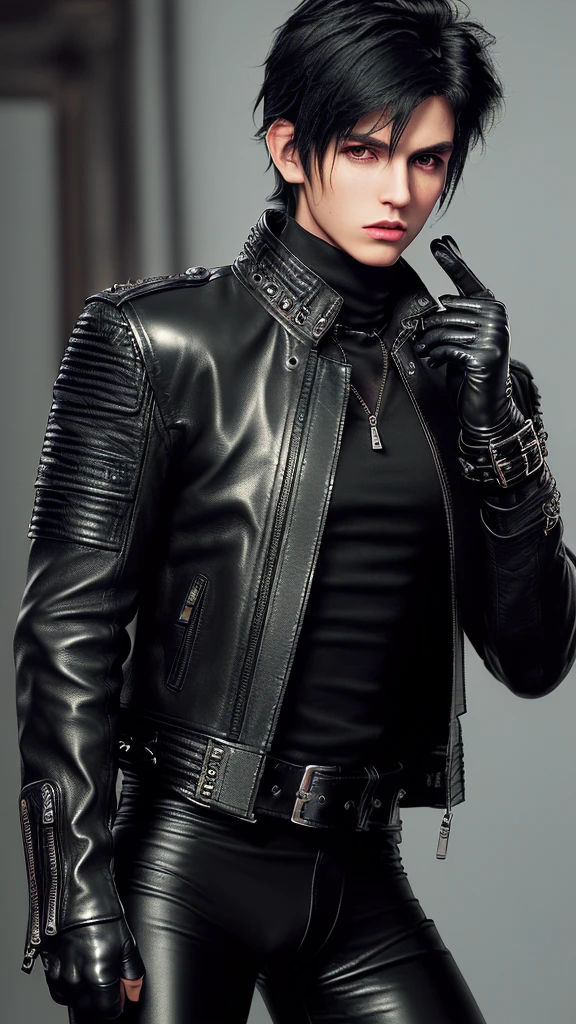 Final fantasy taste and reality graphics, ((Japanese young cute and cool ikemen  boy)), his age is early 20s, thin eyebrows and beady eyes,  ((he wearing black color leather  thick and heavy material jacket)), ((jacket is single-brest)), , ((jacket is large size)),((with epaulet)), ((jacket is long sleeve)), ((zipping up, front of the leather jacket)), , ((voluminous leather jacket)), ,((jacket length is high, and collar is stand-up)) ((jacket collar with two belts)), ((jacket is a little black color line pattern)), ((also wearing black thick material turtleneck lackluster shirts)),  ((tight black leather pants)),  ((put black leather tight and thin glove on both hands)), ((black leather glove)),((black leather knee-high raceup boots)),((must views  head-to-toe)),((must views whole body)), ,((Do not show skin from the neck down)),leather jacket leather glove and leather pants have few wrinkles, Avoid showing your innerwear,zip up jacket fastner.((must put on a leather glove)).
Boy is black hair.boy looks like fashion model.
Boy in the dim room.