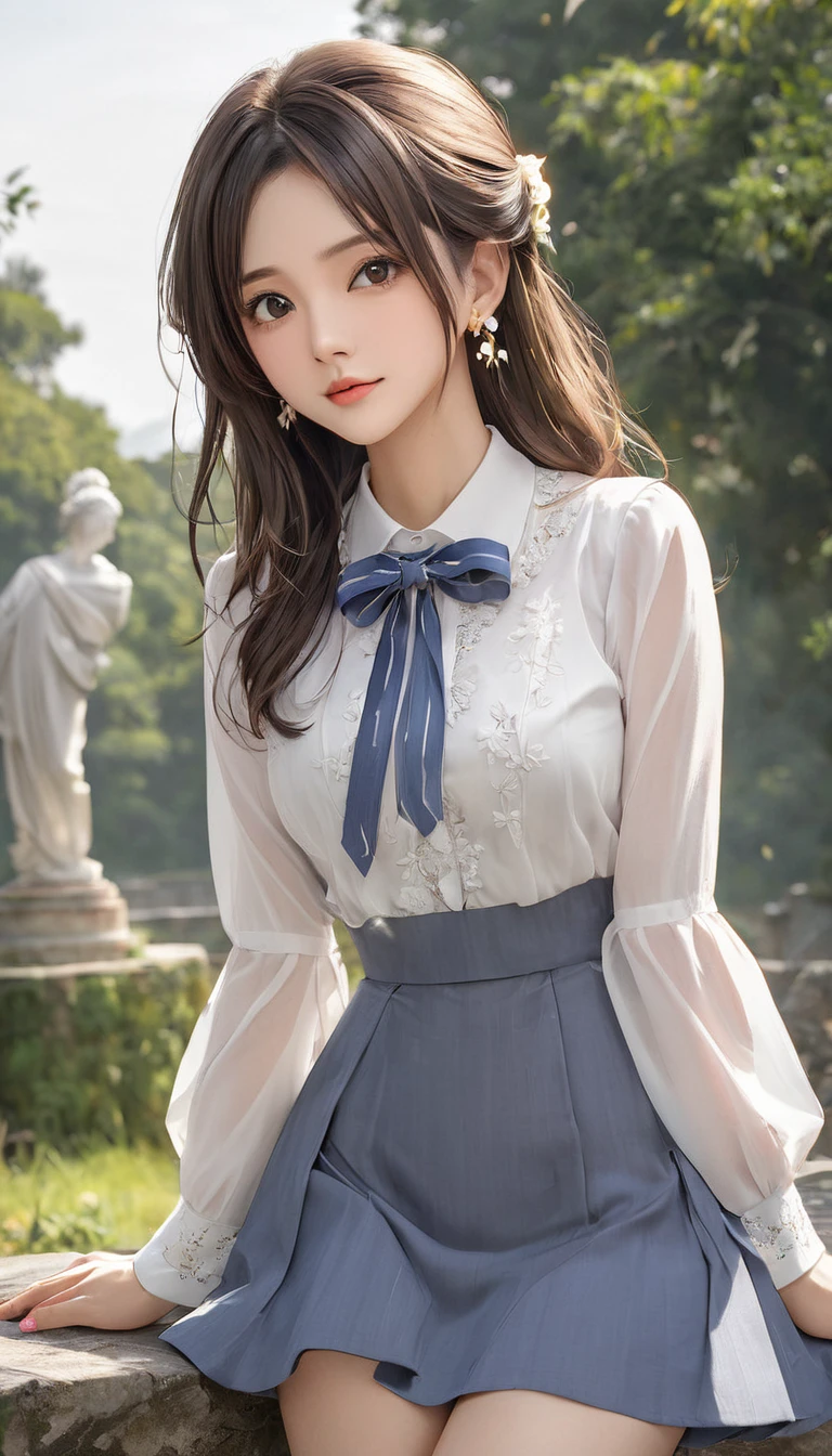 (masterpiece, Highest quality:1.2), One girl, alone,bony body、15 years old、Earrings、(one hand on hip:1.3) , master piece , best quality , highly detailed , woman , blouse , (matured female)