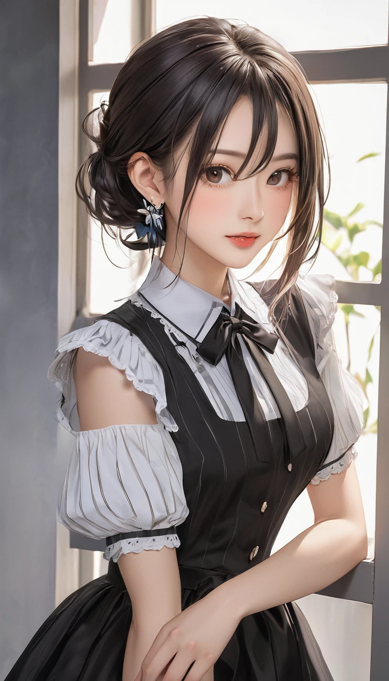 (masterpiece, Highest quality:1.2), One girl, alone,bony body、15 years old、Earrings、(one hand on hip:1.3) , master piece , best quality , highly detailed , woman , blouse , (matured female)