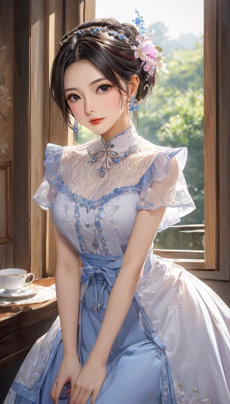 (masterpiece, Highest quality:1.2), One girl, alone,bony body、15 years old、Earrings、(one hand on hip:1.3) , master piece , best quality , highly detailed , woman , blouse , (matured female)