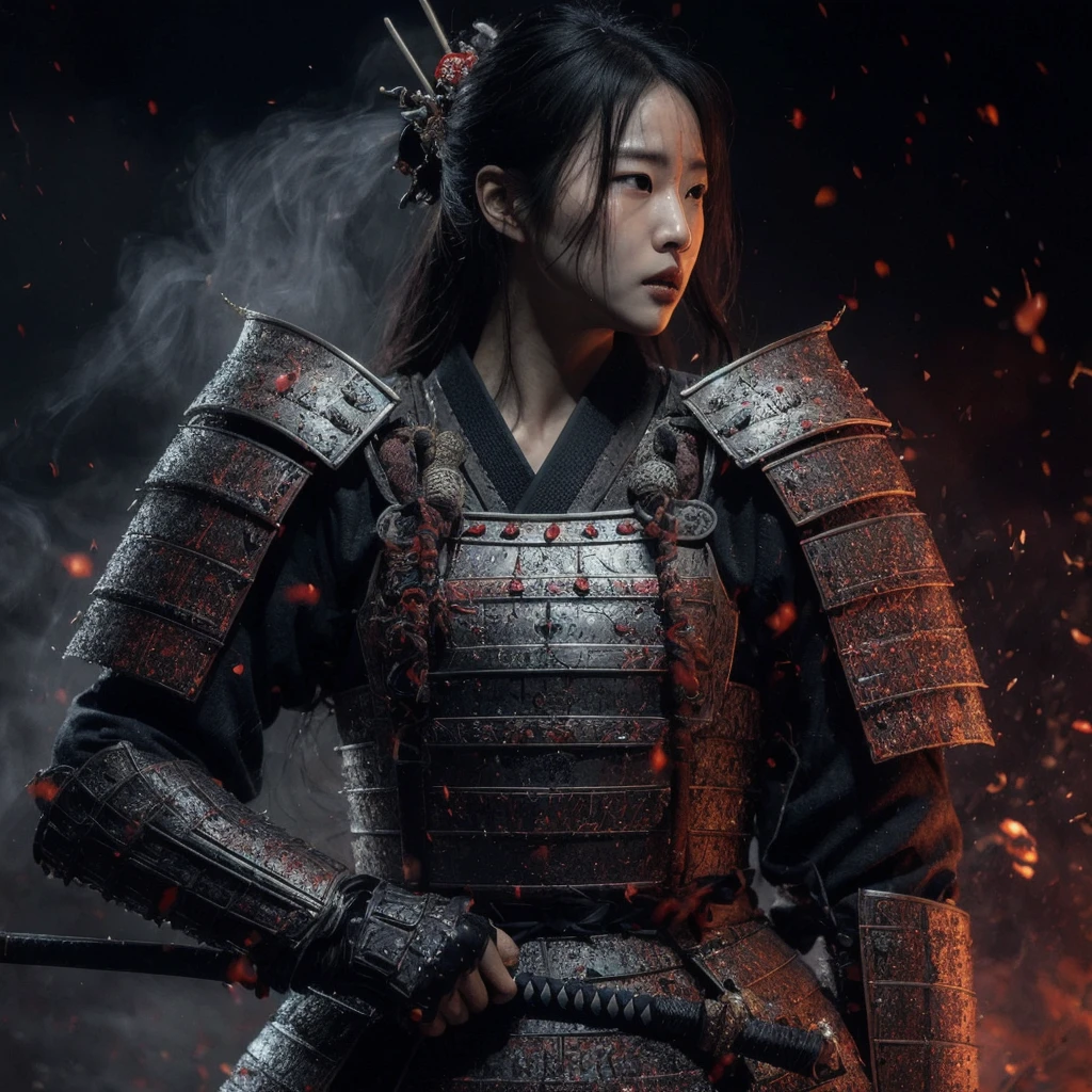 a beautiful Korean woman standing wearing very detailed and complicated samurai armor doing a fighter style action scene, realistic, sharp, hdr, masterpiece, with very soft fire, smoke and water effects, the ending scene says "SAMURAI" font style horror red droplets make sure the writing is clearly visible, easy to read, black background, super realistic, ultra HDR extreme, original face, wide viewing angle