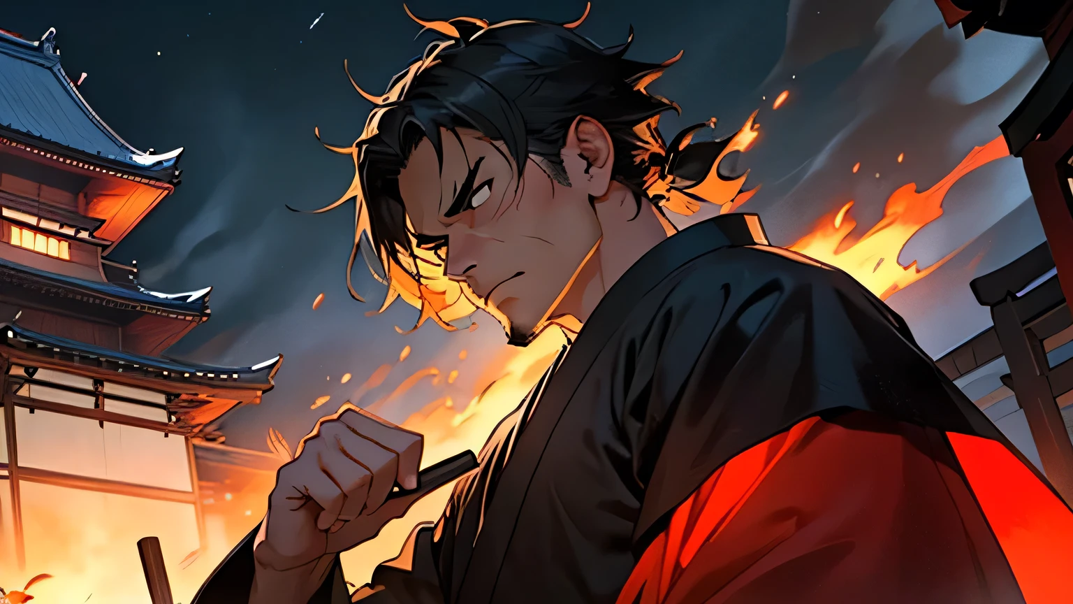 a man,40yo,short hair,Samurai,frowning,angry,looking at viewer,upper body,from below,fire,night view,Burning Japanese Castle,bloom,burning-edge,super fine illustration,