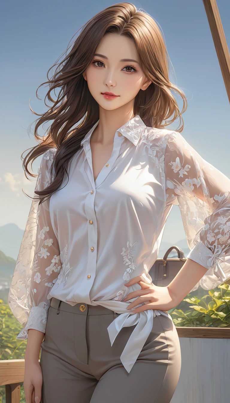 (one hand on hip:1.3) , master piece , best quality , highly detailed , woman , blouse , (matured female)