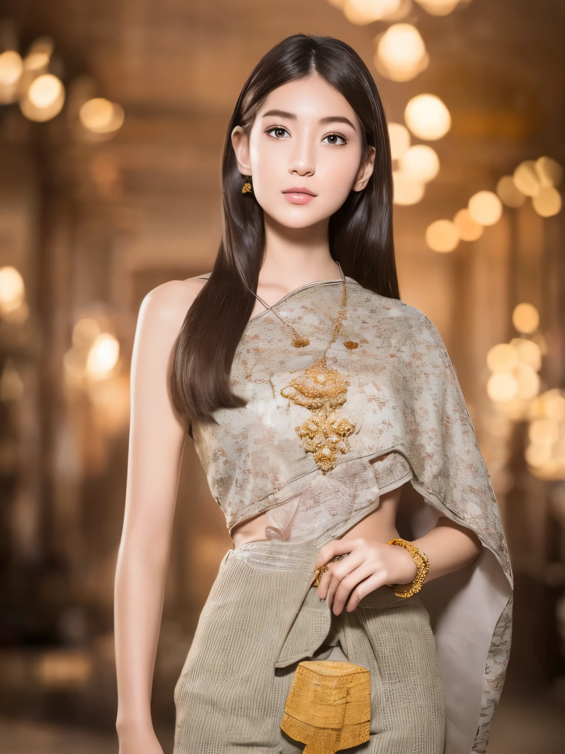 (RAW photo:1.2), (photorealistic:1.4), (masterpiece:1.3), (best quality:1.4), ultra high res, (detailed eyes), (detailed facial features), (detailed clothes features), HDR, 8k resolution, solo focus, thai tradition dress, tradition shawl, golden jewelry, 1 girl, facing to viewer, full body, depth of field, cinematic light, (adorable  girl with rim lighting :1.2), (((perfect body shape ))), 21 year old, (Japanese face), (pale skin), (gorgeous short hair:1.1), (dark hair:1.11), Random body orientation,