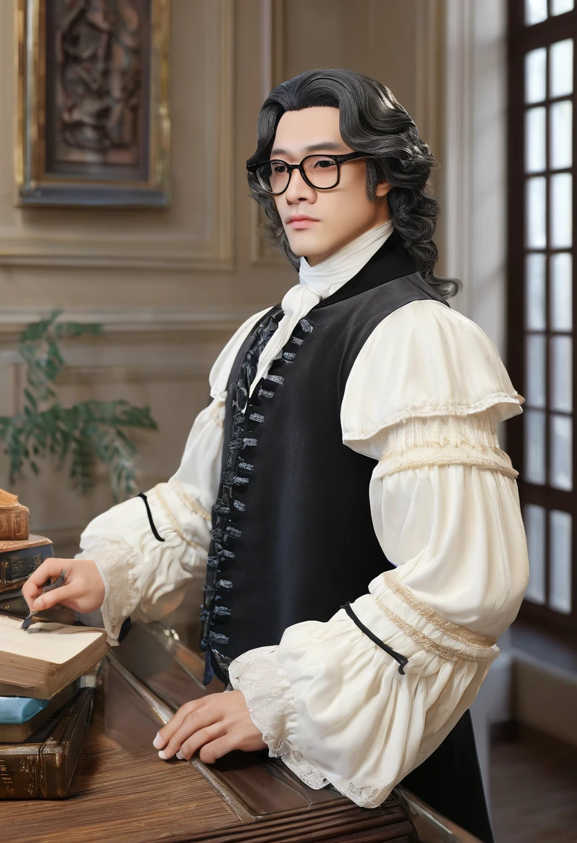 Sophisticated male lawyer、Elegant 18th Century English Court Costume、long curly wig、Glasses、Gentle and sophisticated eyes、Beautiful and exquisite lips、Extremely detailed eyes and face、、Detailed Background、Luxurious interior、high quality、Real、Photorealistic、Photorealistic:1.37、(最high quality、4K、8k、High resolution、masterpiece:1.2)、Super fine、(Real、Photorealistic、Photorealistic:1.37)、Dramatic lighting、Dramatic Shadows、Cinematic composition、Chiaroscuro、Rich colors、Decorative details、perfection style