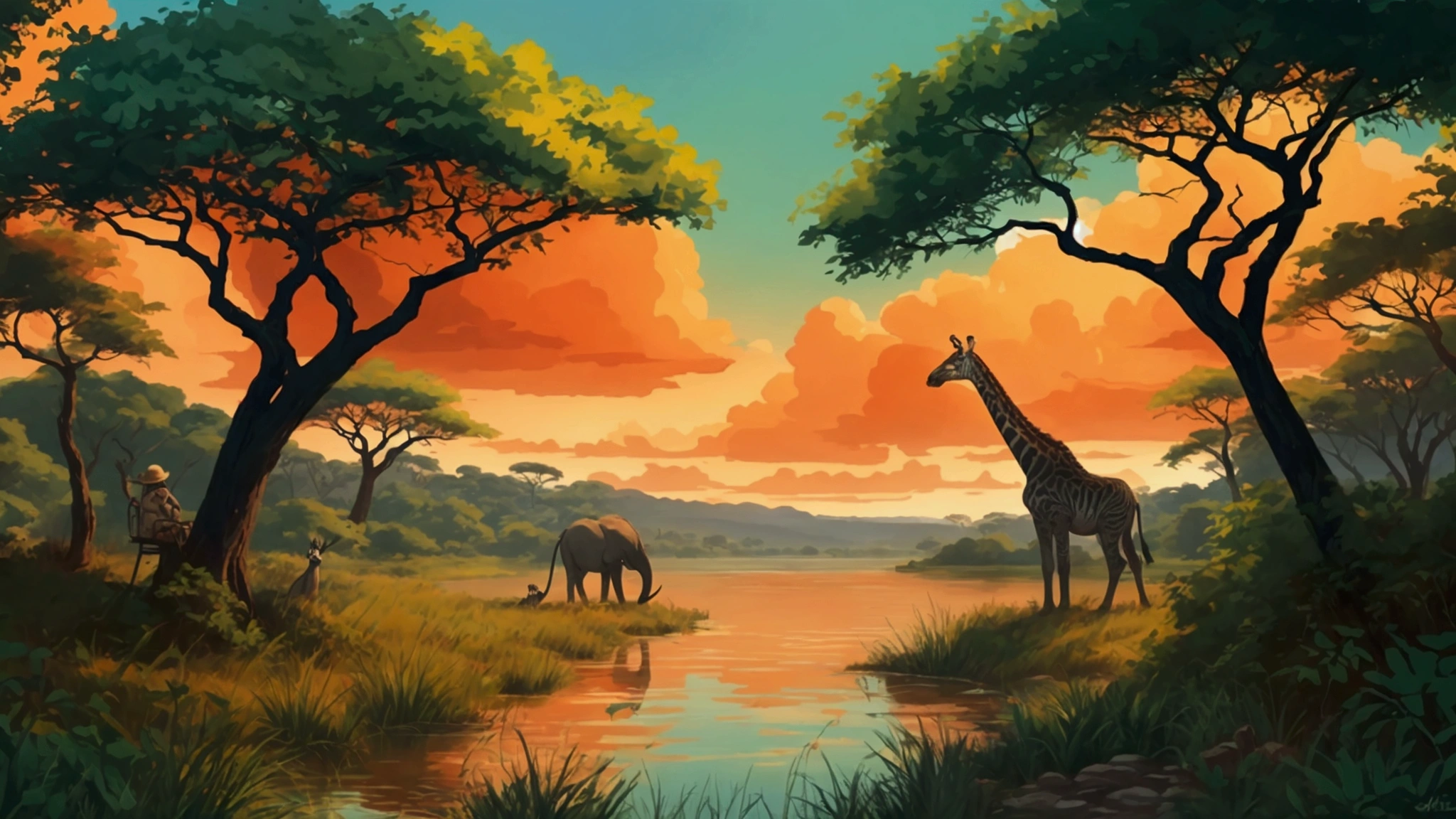 safari filled with trees lakes and animals, vibrant colors