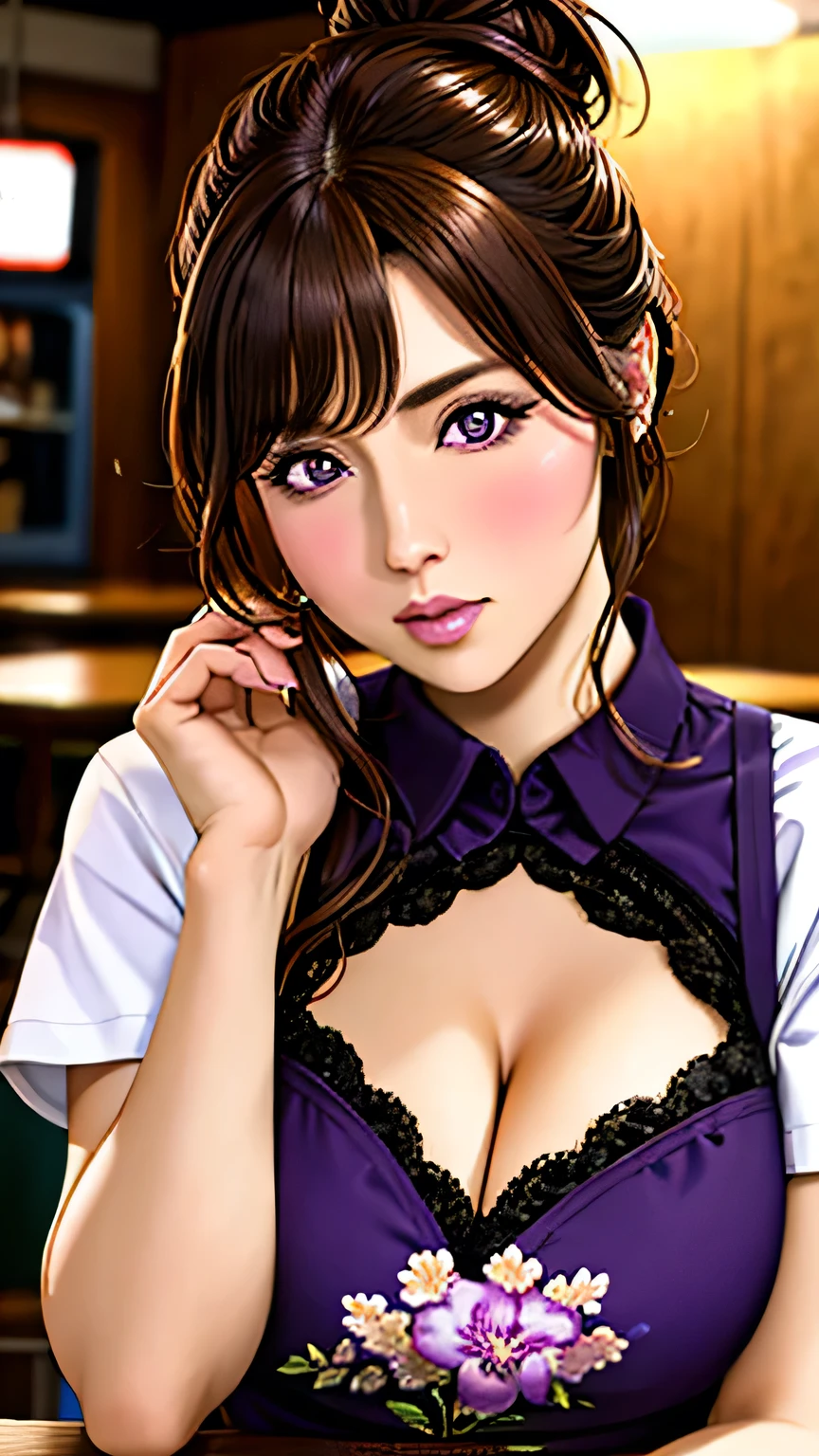masterpiece:1.5, Highest quality:1.5, beautiful, 1 girl, Side Lock, Cinema Lighting, Sharp focus,Big Breasts , Mature Woman, horny ,16K, Shining Eyes, Detailed 4K Eyes,
playground,Lure,Sexy lips, Lips parted,Detailed lips, Highly detailed background,((Big purple eyes)), Detailed face,Glowing Skin,
Aunt Junev3,Aunt June,,Hair Bun, bangs, Messy Hair
, Brown Hair,( Brown shirt:1.3),Floral apron, food, Big Breasts, Brown eyes, Mature Woman, bowl, blush, Focus Only,Full Cross,Short sleeve, A little cleavage,