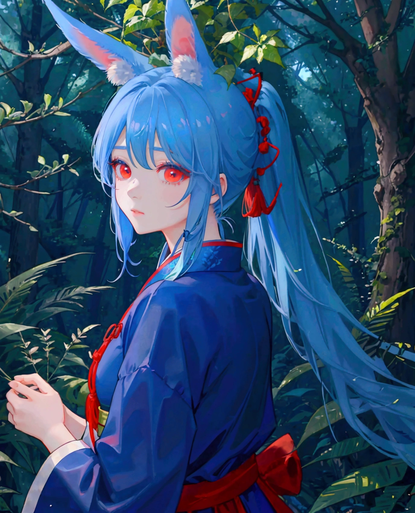 ((최고의 품질)), ((걸작)), (상세한), 여자 1명,Create an anime-style digital artwork of a character with long, blue hair tied into twin tails with bangs, and bright red eyes. The character has rabbit ears and is wearing a traditional Korean hanbok. The setting is a dense forest, full of lush greenery. The scene should convey a serene and natural atmosphere, with the character standing gracefully among the trees.