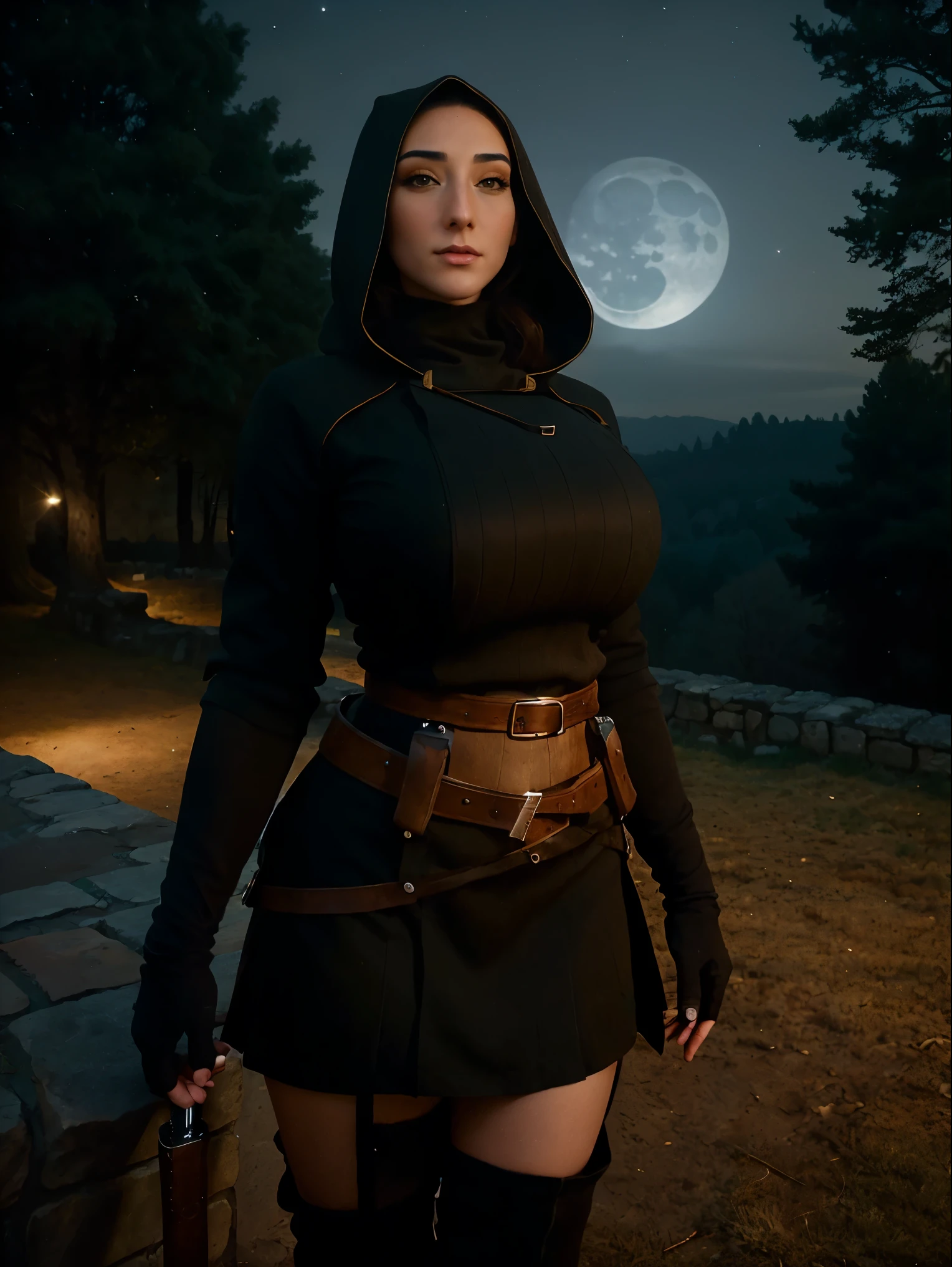 Gorgeous and sultry busty athletic (thin) brunette assassin with sharp facial features wearing a wide hood, black medieval tunic, long sleeves, skirts, trousers, boots, fingerless gloves, crown, modest attire, utility belt, (arm wraps), Middle Ages, castle, rampart, wall, exterior, on top of a castle wall, trees, countryside, nighttime, moonlight.