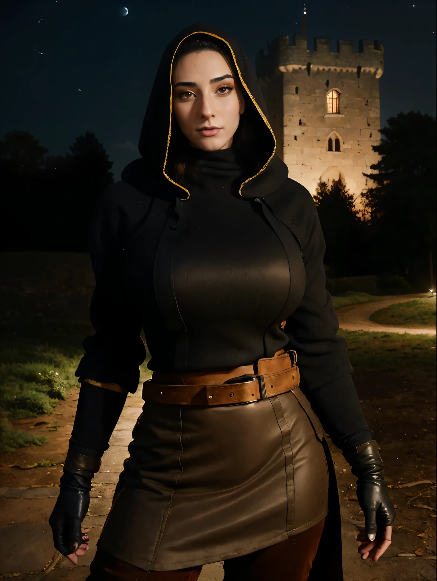 Gorgeous and sultry busty athletic (thin) brunette assassin with sharp facial features wearing a hood, black medieval tunic, long sleeves, skirts, trousers, boots, fingerless gloves, crown, modest attire, utility belt, (arm wraps), Middle Ages, castle, rampart, wall, exterior, on top of a castle wall, trees, countryside, nighttime, moonlight.