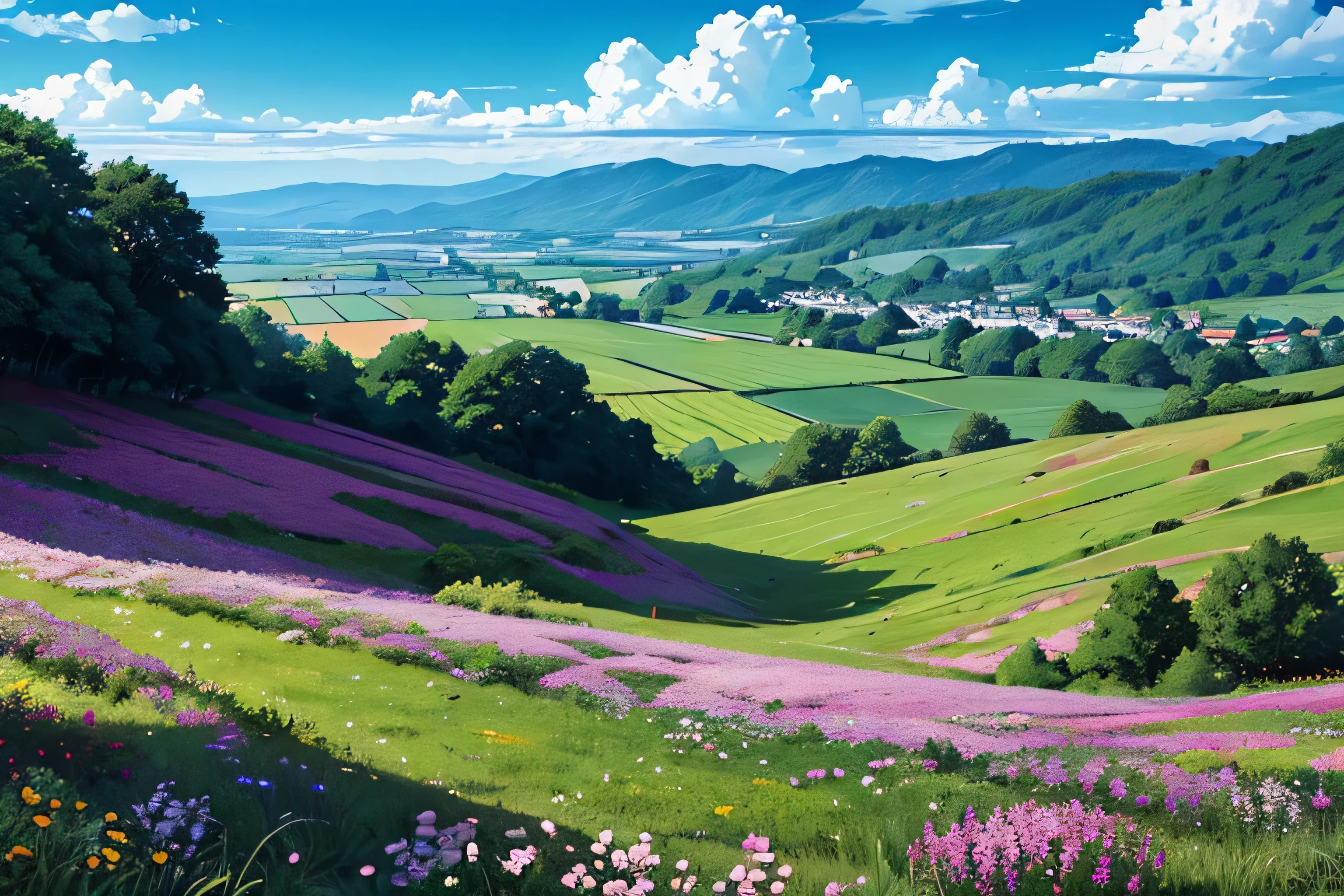 detailed anime style, masterpiece, high quality, beautiful countryside landscape with a small town in the background, lush green meadows and flowers, clear blue sky, anatomically correct, cinematic, vibrant colors, dramatic lighting