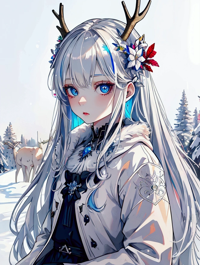Female, small, Silver hair, human deer hybrid, blue eyes, pale skin, soft features, doll-like. high res, high quality, masterpiece, amazingly done, (colorful), work of art snowy background, DEER HYBRID.
