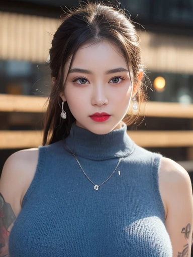 Beautiful urban college girl, masterpiece, light makeup, Red lips, Silver Hair, Long, messy hair, urban landscape background, Beautiful and elegant. Ultra-fine detail, masterpiece, Authentic texture, Realism in film lighting, Perfect job, 16K, High resolution, Exquisite features, blue eyes, Japanese Idols, ponytail, Beautiful Face, Cute Smile, Brown Hair, Beautiful Hair, glamorous, big Breasts, Huge breasts, Huge breasts, big Breasts, Erect nipples, Greasy muscle, Glowing Skin, Sunburned skin, dark Glowing Skin, big, Bright Eyes, Smooth Skin, Earrings, necklace, tattoo, Exquisite, Tanned big Breasts, Everything is wet, Lightweight knit sweater,