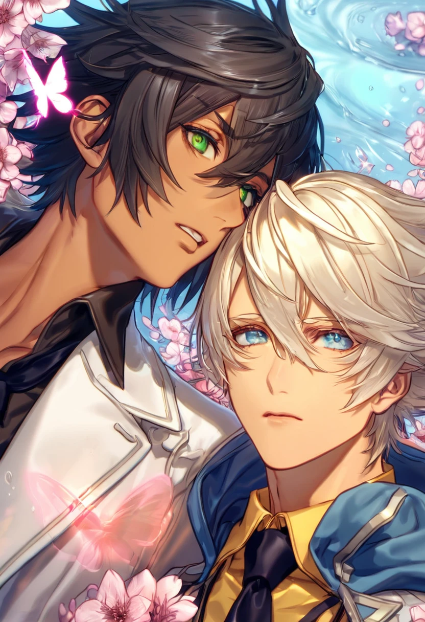 absurdres, highres, ultra detailed, HDR, master piece, best quality, extremely detailed face, delicated features, Soma Schicksal, platinum blond hair, expressive blue eyes, tanned skin, God Eater, Amamiya Kyo, black hair, messy hair, expressive green eyes, two sexy men together, yaoi, gay couple, handsome, dark blue hooded coat, yellow shirt, black necktie, white coat, black shirt, water, blossoms, pink flowers, pink butterflies, fantasy, magic, radiant