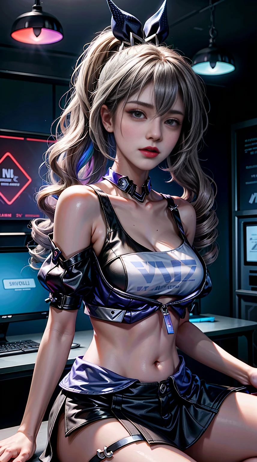 silver wolf，masterpiece，Best quality，Extremely detailed，Extremely detailed 16k CG game art style ，Beautiful face，（E-sports room里的银狼），（Perfect and graceful curves），sit，Rainbow-colored gemstone eyes，Wearing resin holographic sports，Cropped top with draped pleated skirt，Bell collar，impotence，outline light，concert，Neon lights，vocal，Bell collar，Esports Headset，，E-sports room，play games，Red leather with white interior，Holographic projection，Flat sphere，Graffiti logo，(Very detailed tattoo on belly button )