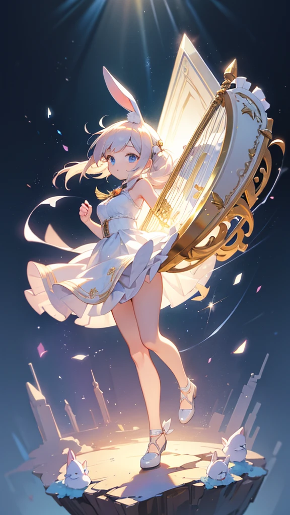 A cute white rabbit playing a harp, set in a fantasy world. The scene is illuminated by a spotlight, highlighting the rabbit. Ensure the image is high resolution, high definition, of the highest quality, and captures the essence of a fantastical, charming animal.a very cute and beautiful chibi anime girl, simple flat background, full body, standing, highly detailed face and eyes, clearly outlined, solo