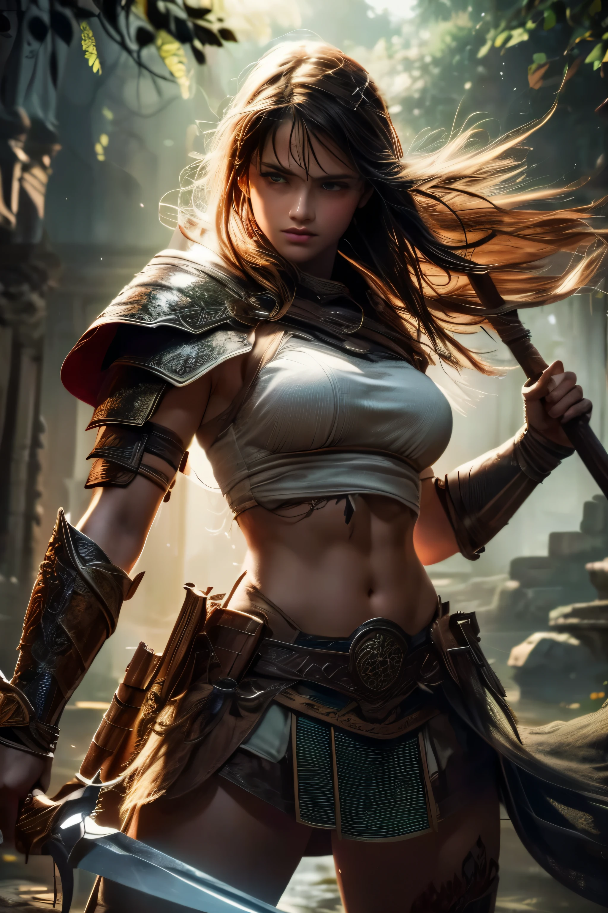 , ancient celtic warrior, bad look,,Combat Stance, Wielding a dagger, ancient celtic armor, Very detailed, ancient forest in the background, ginger curly hair, Vibrant appearance, creative behavior, extremely detailed, Imaginative, sensual, spontaneous, of the highest quality, skin texture, intricate details, (cinematic lighting), raw photo, 8k, masterpiece,Best Quality,ultra detailed,Very detailed illustrations,extremely detailed,intricate details,high resolution,super complex details,extremely detailed 8k cg wallpaper,