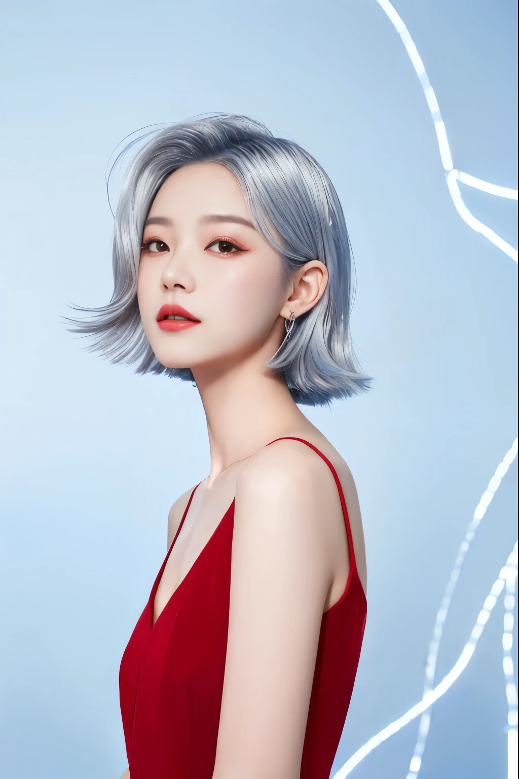 Wearing a red dress、arafed image of a woman against a blue background, girl Silver Hair, short hair, Portrait of a Korean female idol, Silver Hair girl, inspired by Yanjun Cheng, sha xi, author：Russell Dongjun Lu, yanjun chengt, Color Portrait, inspired author：Russell Dongjun Lu, Silver Hair, Silver Hair (Ponytail)