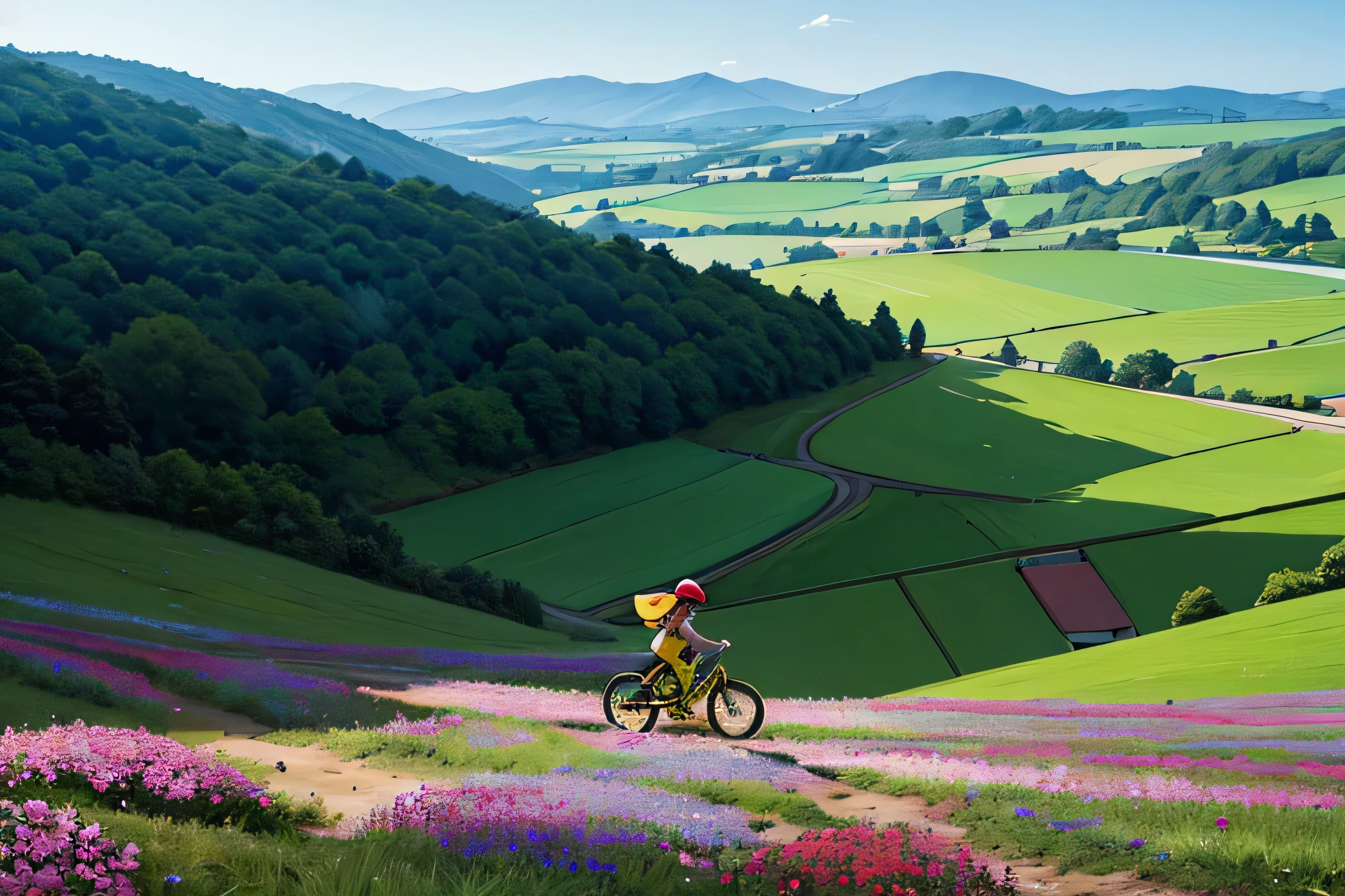 a young girl with a yellow hat and red backpack riding a bicycle down a hill, detailed anime style, masterpiece, high quality, beautiful countryside landscape with a small town in the background, lush green meadows and flowers, clear blue sky, anatomically correct, cinematic, vibrant colors, dramatic lighting