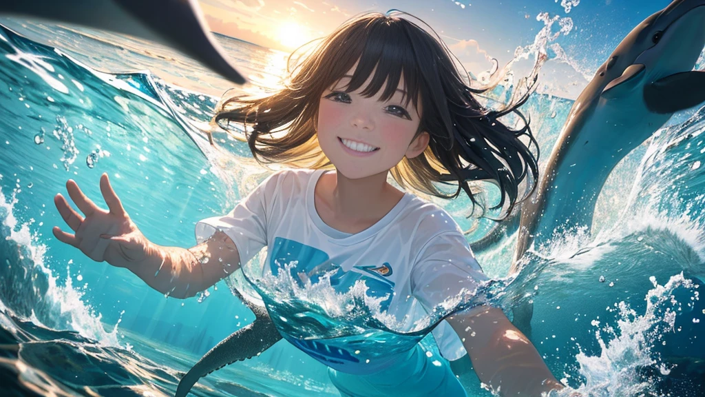 detailed watercolor painting, 1girl, black hair, school uniform, diving into the water, under the water, smiling, low angle