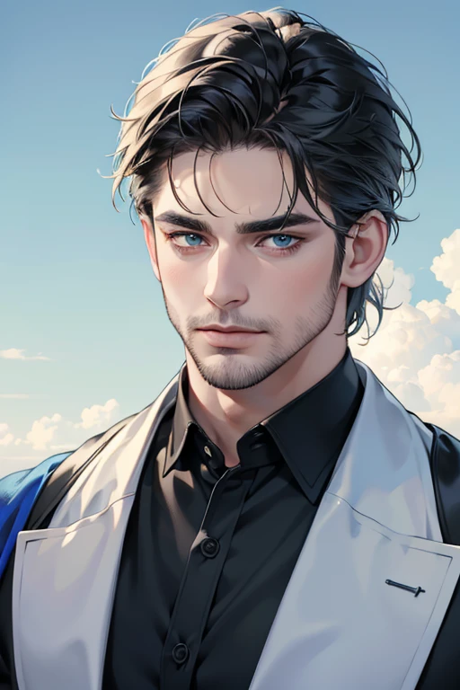 (best quality,4k,8k,highres,masterpiece:1.2),ultra-detailed,(realistic,photorealistic,photo-realistic:1.37),30 year old man,3 day beard,handsome anime,portraits,strong,masculine,dark hair,sharp jawline,mesmerizing blue eyes,perfectly styled hair,cool anime outfit,confident expression,vibrant colors,dynamic lighting, (CEO).