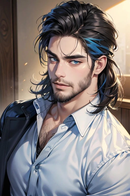(best quality,4k,8k,highres,masterpiece:1.2),ultra-detailed,(realistic,photorealistic,photo-realistic:1.37),30 year old man,3 day beard,handsome anime,portraits,strong,masculine,dark hair,sharp jawline,mesmerizing blue eyes,perfectly styled hair,cool anime outfit,confident expression,vibrant colors,dynamic lighting, (CEO).