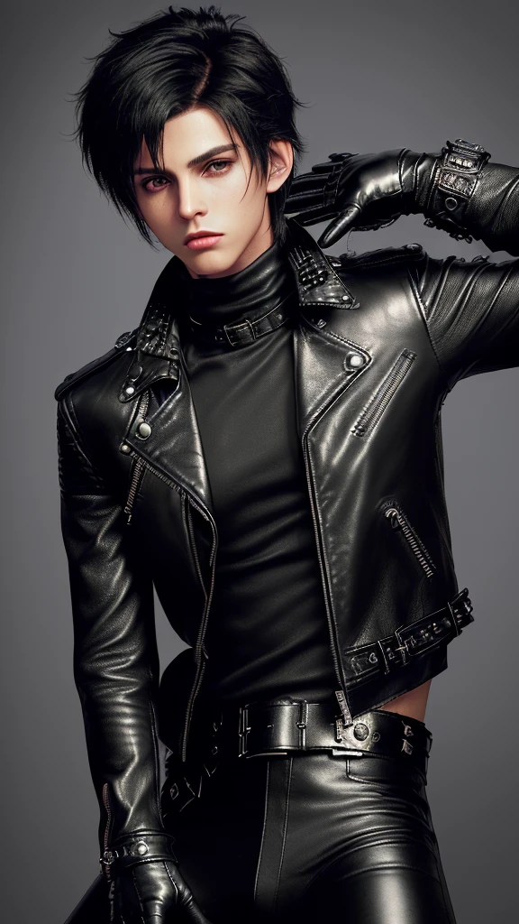 Final fantasy taste and reality graphics, ((Japanese young cute and cool ikemen boy)), his age is early 20s, thin eyebrows and beady eyes, ((he wearing black color leather thick and heavy material jacket)), ((jacket is single-brest)), , ((jacket is large size)),((with epaulet)), ((jacket is long sleeve)), ((zipping up, front of the leather jacket)), , ((voluminous leather jacket)), ,((jacket length is high, and collar is stand-up)) ((jacket collar with two belts)), ((jacket is a little black color line pattern)), ((also wearing black thick material turtleneck lackluster shirts)), ((tight black leather pants)), ((put black leather tight and thin glove on both hands)), ((black leather glove)),((black leather knee-high raceup boots)),((must views head-to-toe)),((must views whole body)), ,((Do not show skin from the neck down)),leather jacket leather glove and leather pants have few wrinkles, Avoid showing your innerwear,zip up jacket fastner.((must put on a leather glove)).
Boy is black hair.boy looks like fashion model.
Boy in the dim room.
