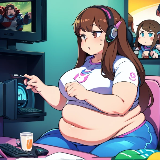Extremely obese gamer girl, Long brown hair, With hearing aid, Big belly and fat rolls