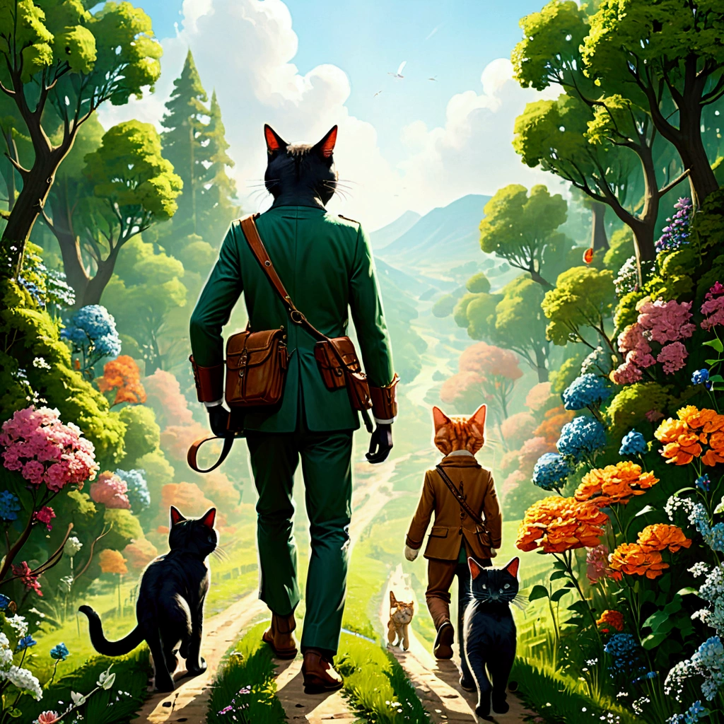 (Top Quality, Ultra Detailed, Realistic: 1.37), (From a diagonal side view:1.5), Humorous, Cartoon style, Thick lines, Children's storybook illustration, Bright colors, Two hunters with hunting rifles in their hands walk carefully down a path through a flowered forest, while two hounds gallop around them. In the middle, an anthropomorphic (human-sized cat:1.4) dressed in a 19th century suit walks alongside them,