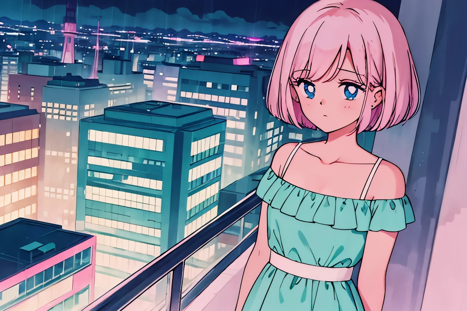 Highest quality,girl,cute,Short Bob Hair,Pink Hair,Light blue eyes,Off-the-shoulder dress,Rainy cityscape,night,Looking out the window,
