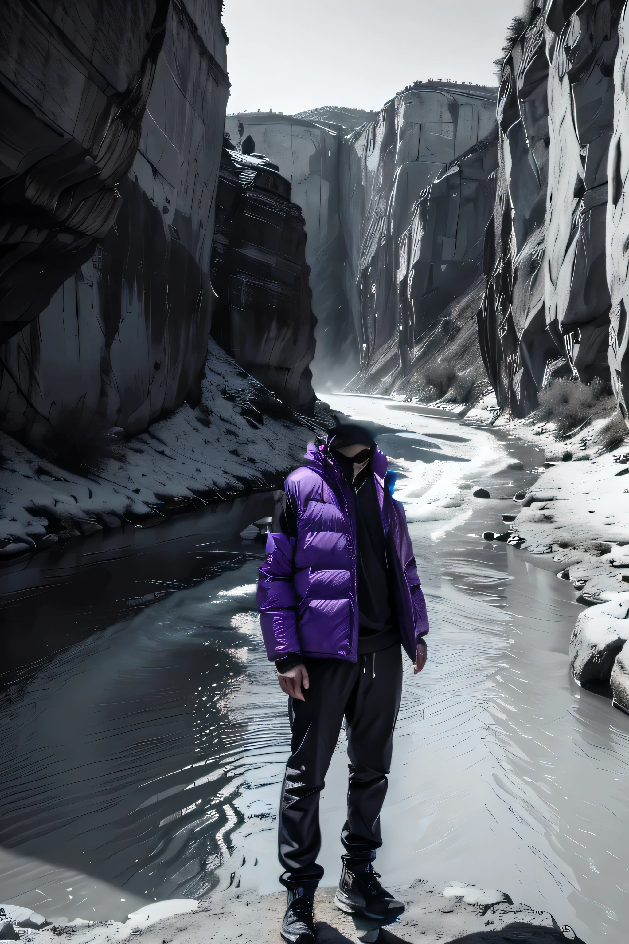 man in heavy purple cold clothing