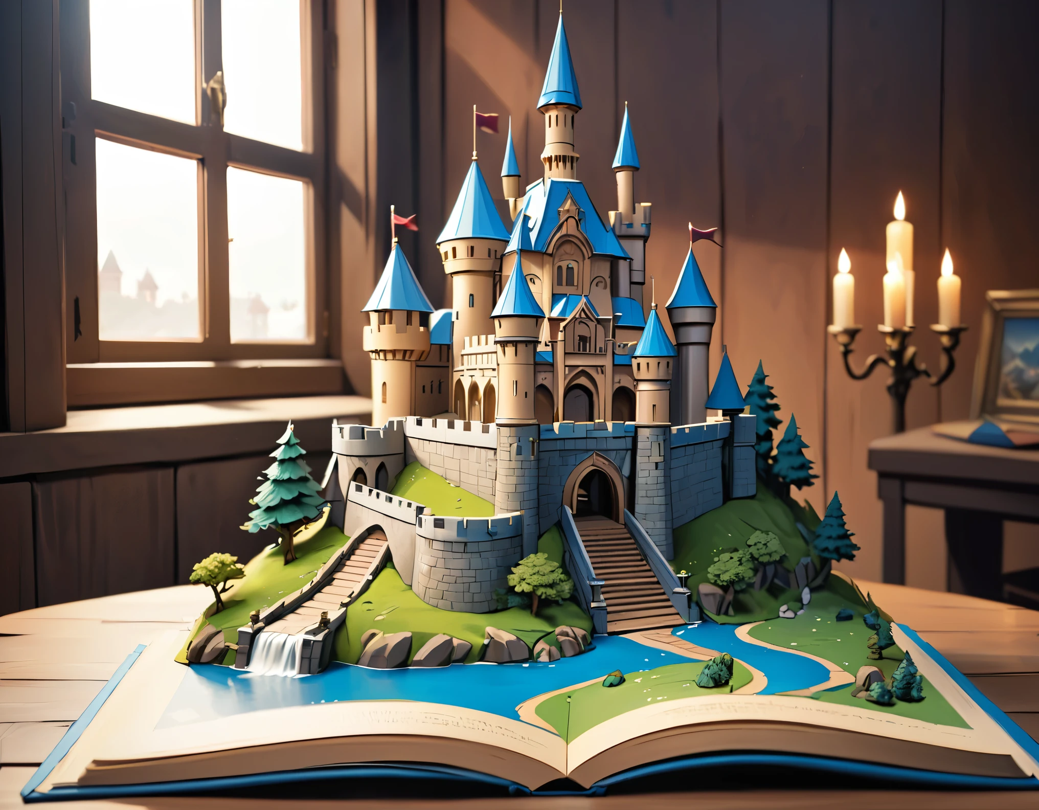 (masterpiece:1.2, Highest quality,Highest quality,Super detailed),(Very detailed),8k,(Dragon Quest-style castle pop-up book:1.5),(Cinema Lighting),(Written boundary depth),(Sophisticated lighting:1.2),(Chiaroscuro),(Origami art)