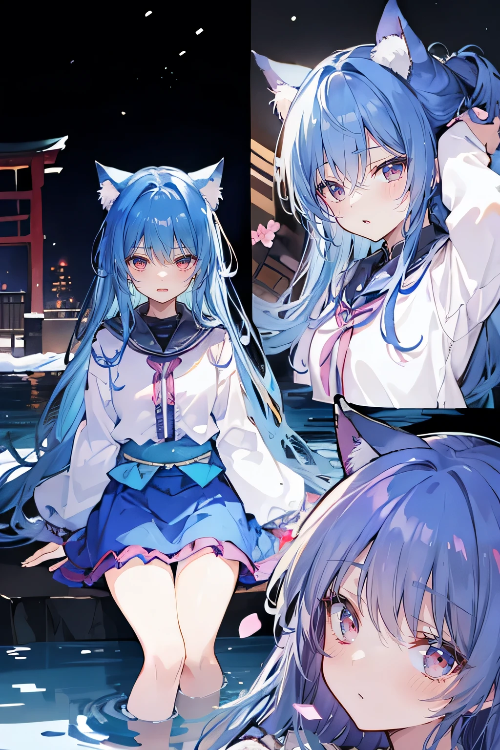(masterpiece:1.2),Super detailed,lifelike,Expressive eyes,fair skin,perfect face shape,1 girl,
Japanese comics,Gorgeous blue hair,flowing blue hair,flowing clothes,Cat ears,Petals fall,beautiful lola,Baby Angel,
Shaking head with one hand,Cross your legs,Gentle and peaceful background,The pavilion is cool and comfortable,smile, wearing hoodie, background of tokyo,back views,snowing, winter,lie on the water,Reflection on the surface of the water,Full moon night。