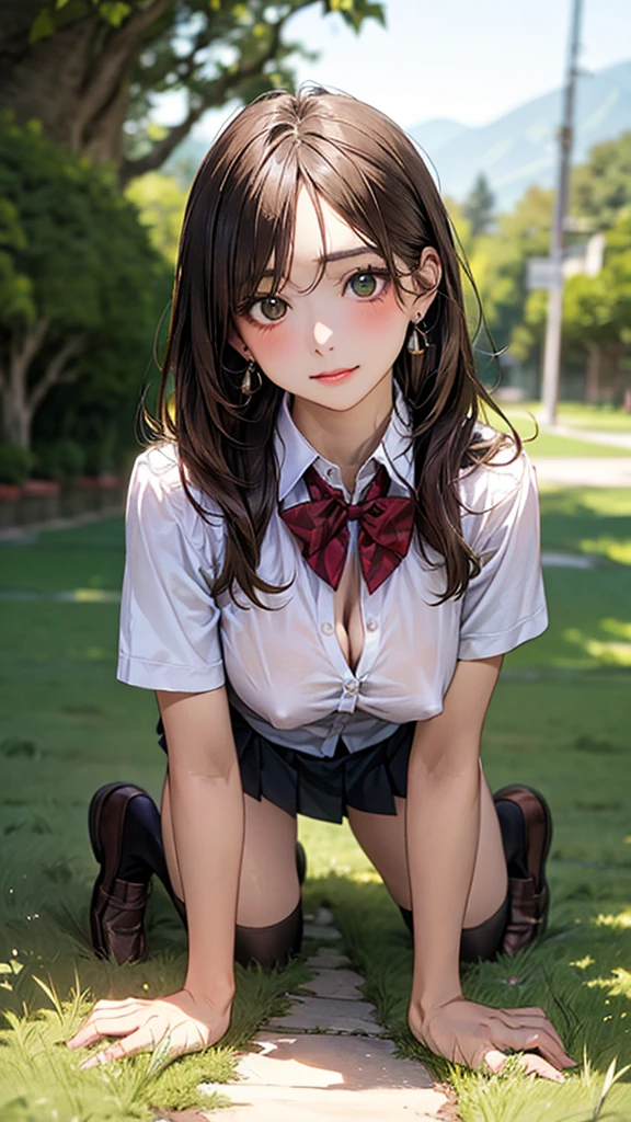 (masterpiece:1.2, top-quality), (realistic, photorealistic:1.4), beautiful illustration, (natural side lighting, movie lighting), 
looking at viewer, cowboy shot, front view:0.6, 1 girl, japanese, high school girl, perfect face, cute and symmetrical face, shiny skin, 
(long hair:1.8, straight hair:1.7, light brown hair), parted bangs, emerald green eyes, long eye lasher, (large breasts:0.9, thick thighs), 
beautiful hair, beautiful face, beautiful detailed eyes, beautiful clavicle, beautiful body, beautiful chest, beautiful thigh, beautiful legs, beautiful fingers, 
((, white collared shirts, black pleated mini skirt, black socks, brown loafers, red bow tie)), break, hoop ring earrings, pink panties, (A woman is on all fours in a grassy field. A woman is carrying a large dog on her back.) A complete body. Perfect hands and legs.

Her face, bright red, flush and shy.
Her large breasts and nipples are standing out, even through the top of her shirt. （The skirt is shorter than normal, but even shorter, so short that you can almost see her panties.)The girl has brown hair.

(The skirt is extremely short.) The girl's hair is brown.