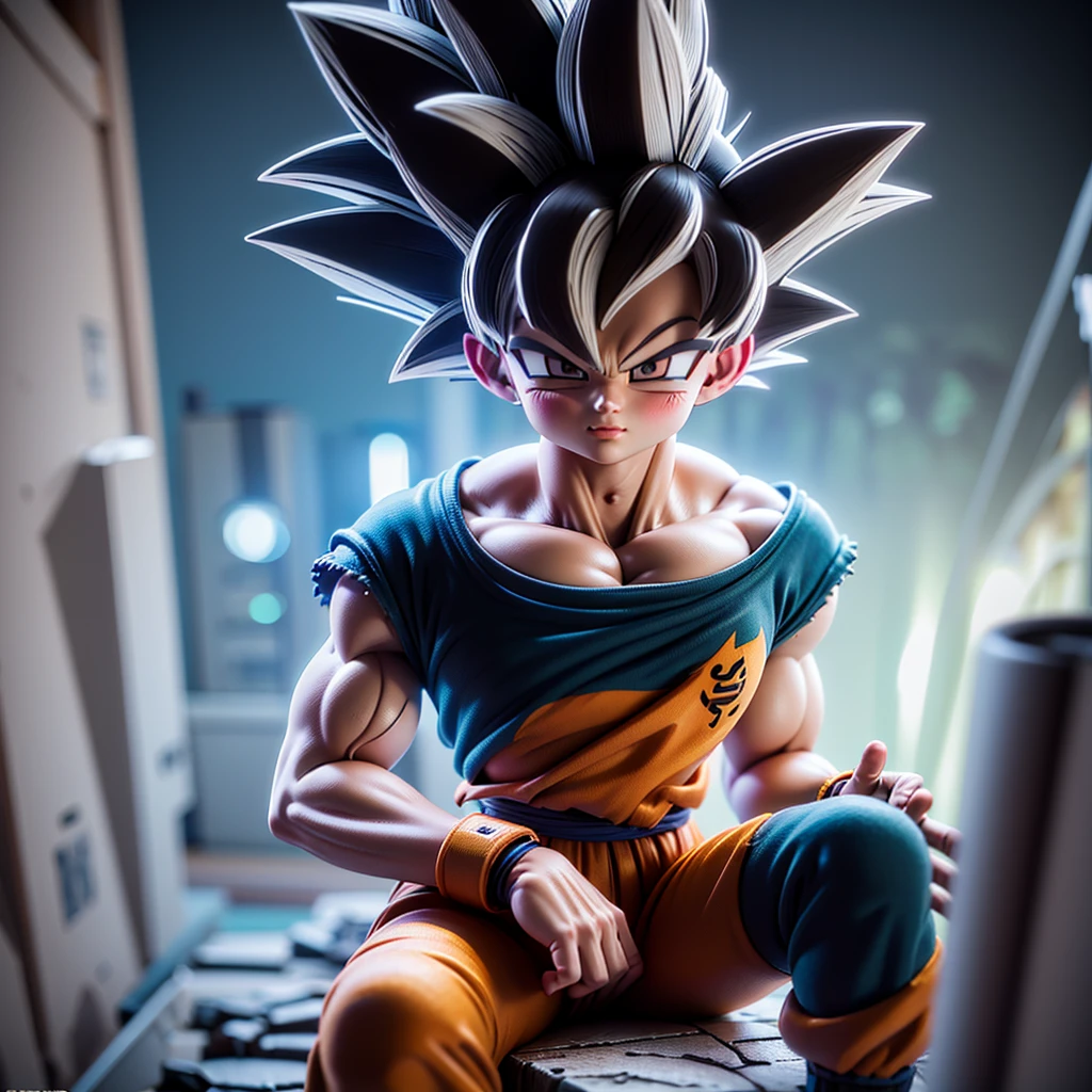 Goku, 3D character, tribal tattoos on arms, holding a Monster energy can in right hand, wearing a dark tracksuit, sitting in an alley, (best quality,8k,highres,masterpiece:1.2),ultra-detailed,(realistic,photorealistic,photo-realistic:1.37),cinematic lighting,moody atmosphere,dynamic pose,intricate details