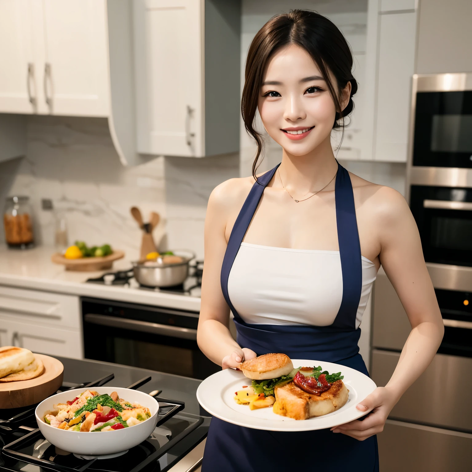 Beautiful woman smiling facing forward, slim, healthy, sexy, beautiful and fashionable figure, cooking in the kitchen, holding a plate with both hands, round plate, realistic photography style 