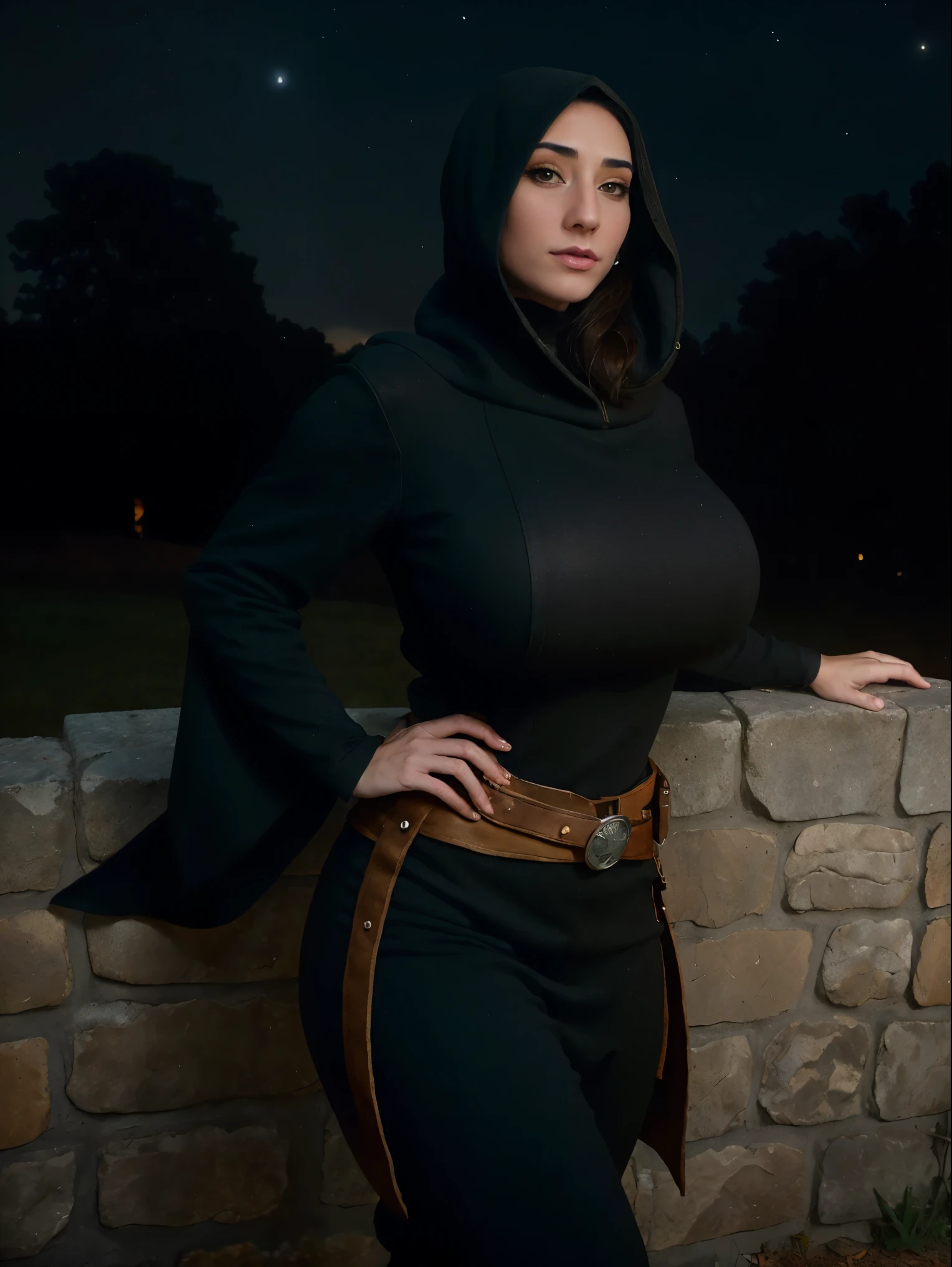 Gorgeous and sultry busty athletic (thin) brunette assassin with sharp facial features wearing a wide hood, black medieval tunic, long sleeves, skirts, trousers, boots, fingerless gloves, crown, modest attire, utility belt, (arm wraps), Middle Ages, castle, rampart, wall, exterior, on top of a castle wall, trees, countryside, nighttime, moonlight.