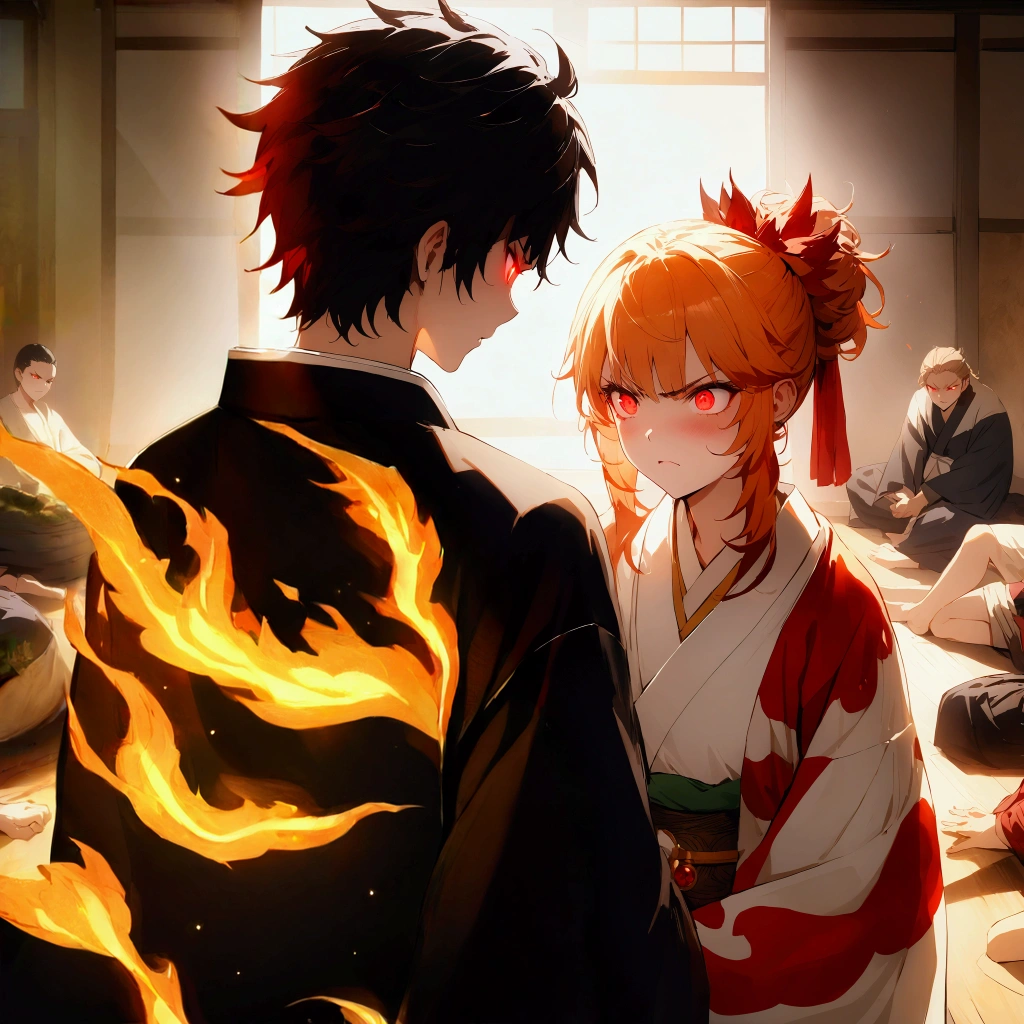 anime, Kimetsu no Yaiba orange flames, black Kimono, masterpiece, ultra detailed flames, majestic flames, sparkles