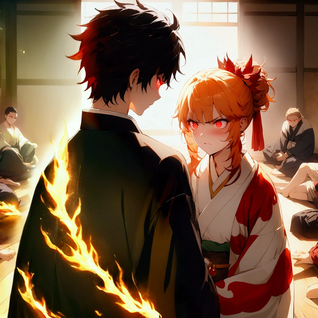 anime, Kimetsu no Yaiba orange flames, black Kimono, masterpiece, ultra detailed flames, majestic flames, sparkles