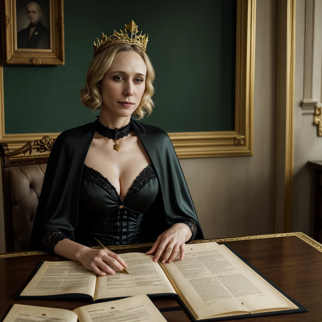 Portrait of Vera Farmiga with a golden crown, blonde platinum hair, pale skin, green eyes, gothic victorian dress, black makeup, black cape, golden jewels, gothic visual, sitting at a presidential table with maps, documents and papers, in the background a luxurious and majestic office, obscure background,