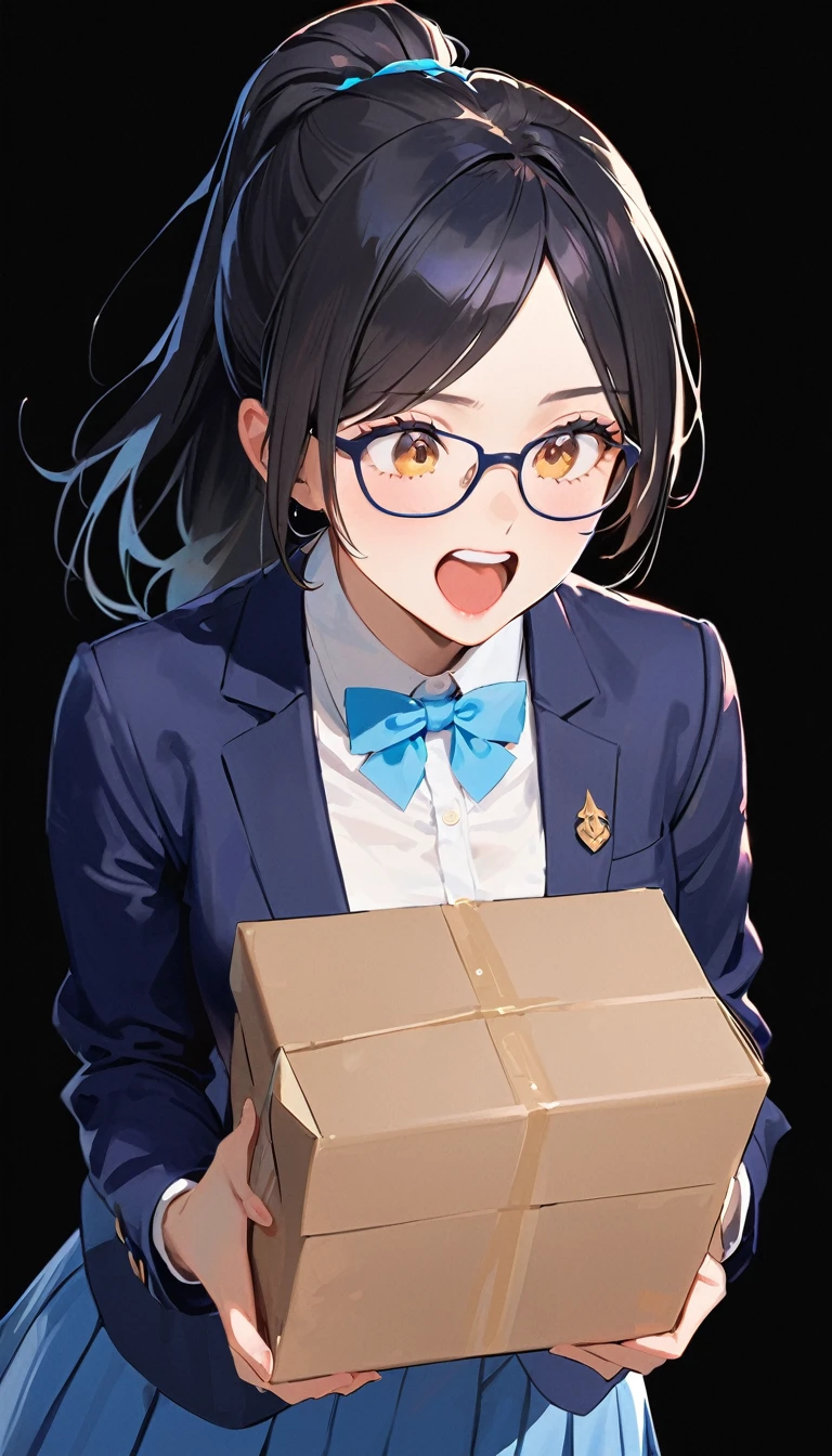 18 yeaes old, a woman, ponytail, Black Hair, Glasses, Mouth open in surprise,Navy blue blazer, White shirt, Navy blue long skirt, high school student,No background